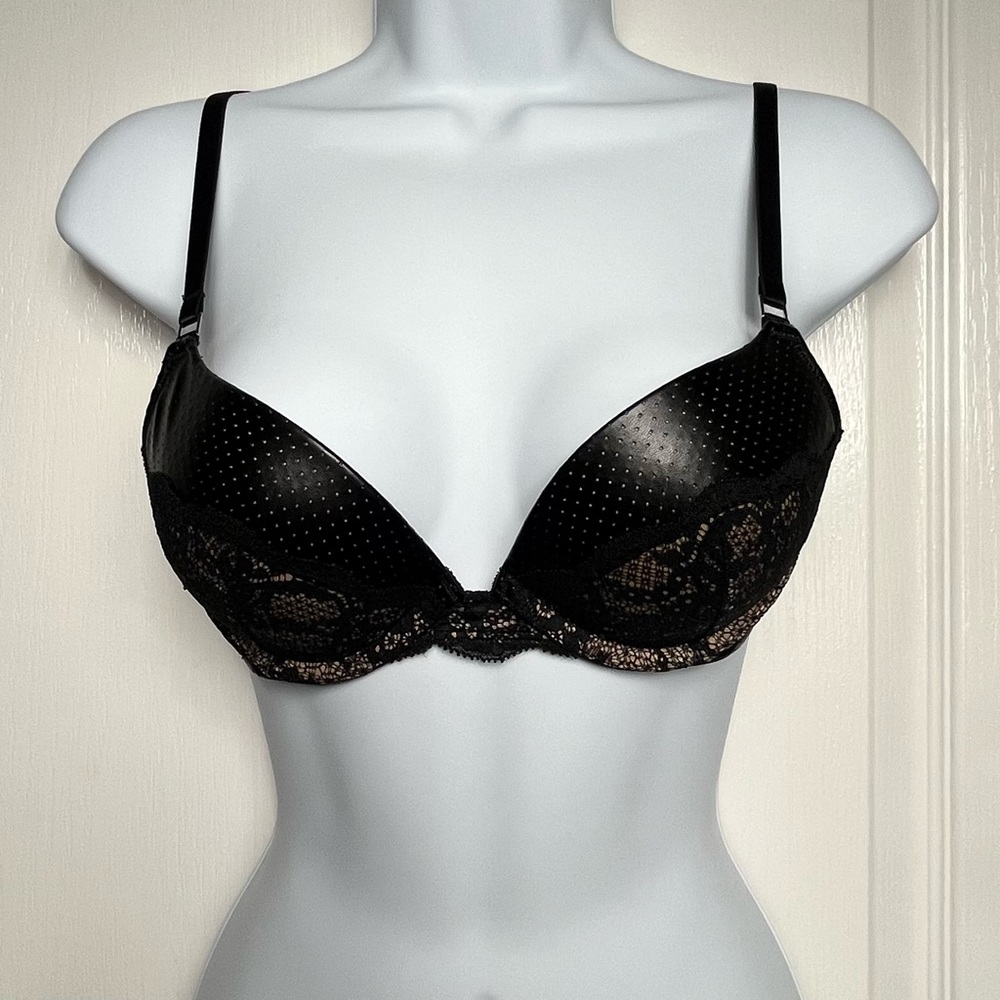Victoria’s Secret Lace Faux Leather Perforated Black Push-up Wire Bra 34A